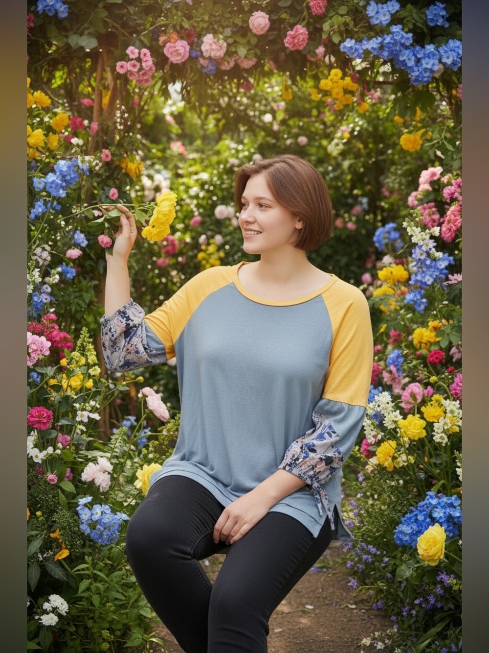 Umgee Yellow & Blue Blouse high/low with Floral Sleeves-1 Callout pre-owed- XLG